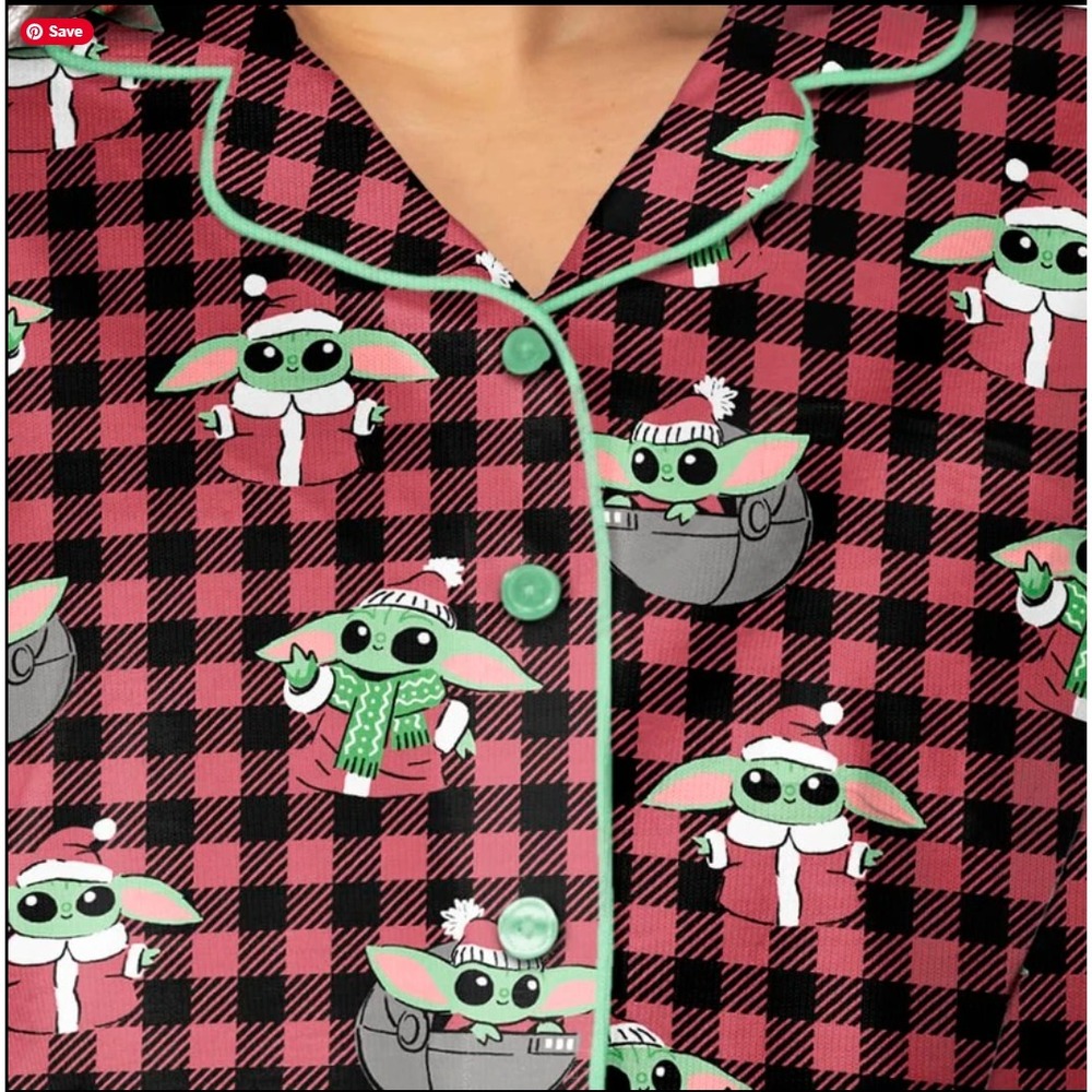 Star Wars Baby Yoda Munki Munki Womens Classic Notch PJ Set Red Plaid Medium - Picture 4 of 5
